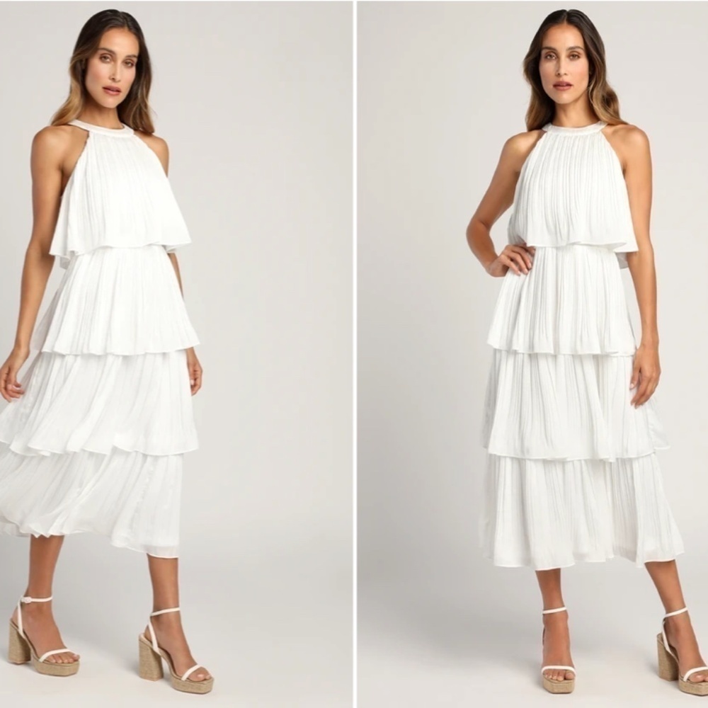 LULU's Wedding Bridal Shower Honeymoon Satin Pleated Tiered Ruffle Midi Dress